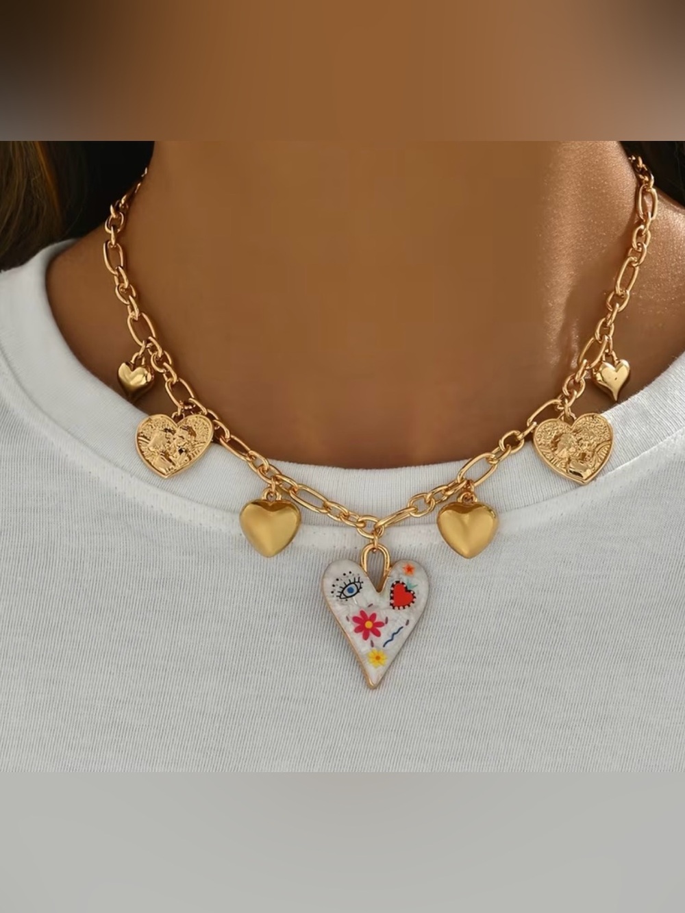 Gold-Tone Heart Charm Necklace with White Enamel Floral Pendant